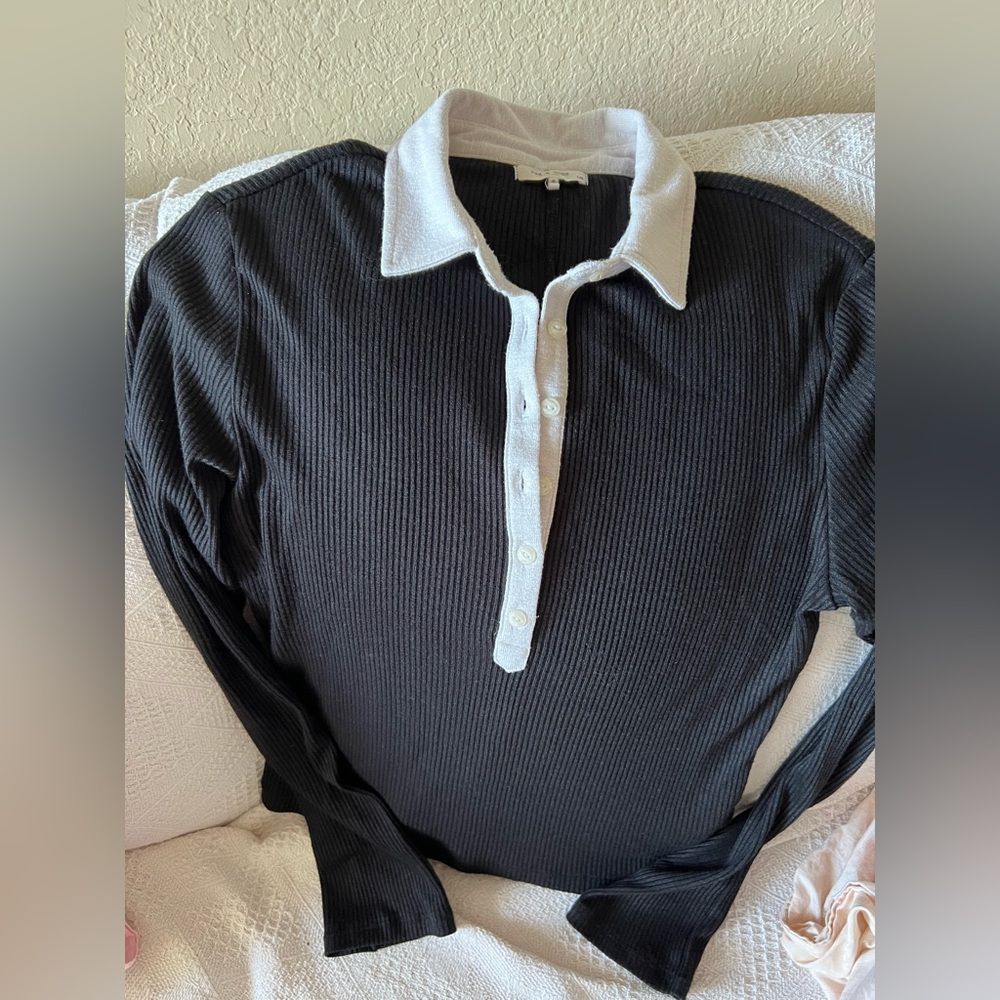 rag & bone Black Ribbed Long-Sleeve Polo Bodysuit with White Collar L - Picture 2 of 6